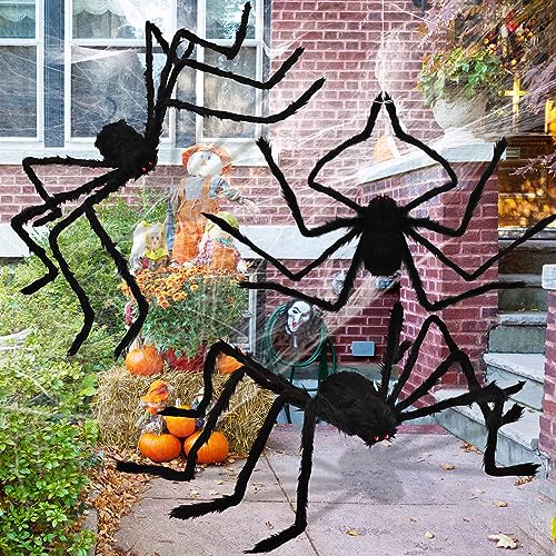 3 Pack Giant Outdoor Halloween Spiders - 6.5 FT Scary Fake Spider Decorations