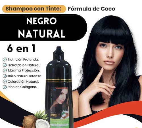 Shampoo con Tinte de Aceite de Coco – Negro Natural – 500 ml – Fórmula 6 en 1 – Sin Amoníaco
