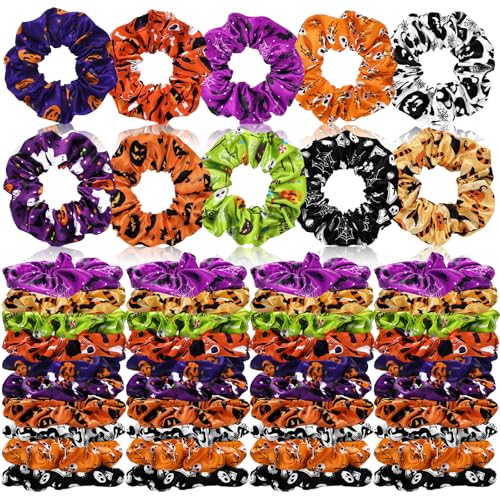 Halloween Satin Hair Scrunchies Set - Pumpkin Skull Black Cat Hair Ties, 80 pcs, Variations Include Pumpkin