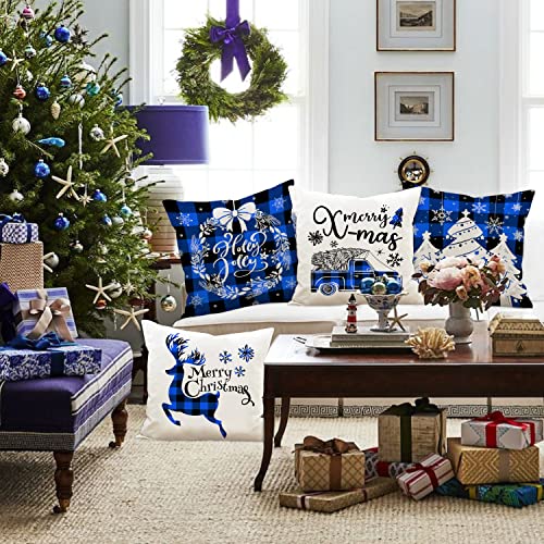 Blue Christmas Throw Pillow Covers Set of 4 26x26 Holiday Farmhouse Decor