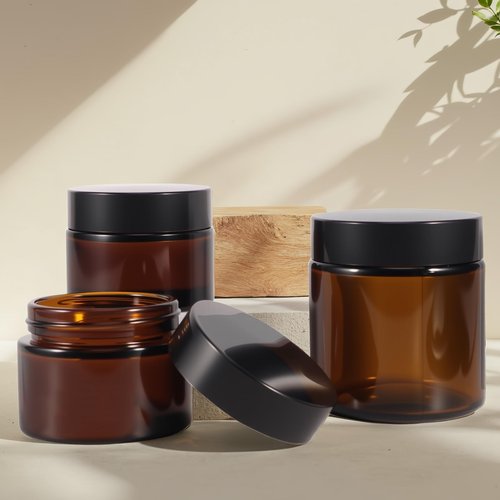 48 Pack 4oz Amber Glass Jars with Lids, Airtight Containers with Liners Lid for Cosmetics, Travel, Lotions Powder, Onitments Candle Making, DIY | Leak-Proof, Reusable (4OZ)
