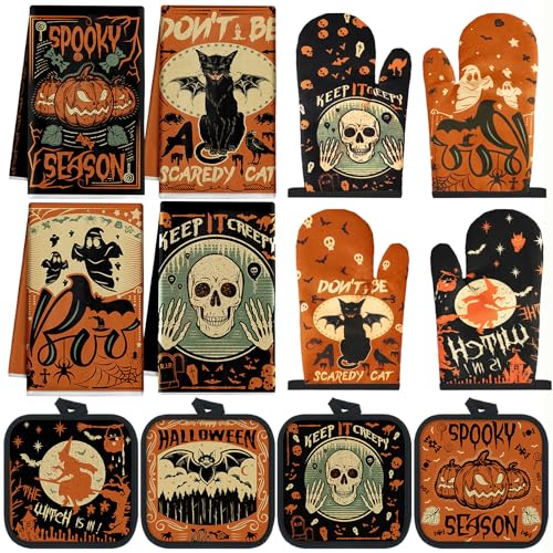 Halloween Gothic Witchy Ghost Kitchen Towel & Oven Mitts Set - Spooky Decor