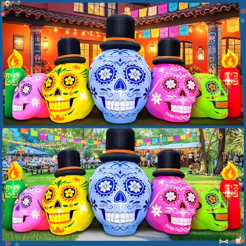 7FT Halloween Inflatable Skeleton Decor with LEDs - Dia de Los Muertos Skull - Outdoor Yard & Garden
