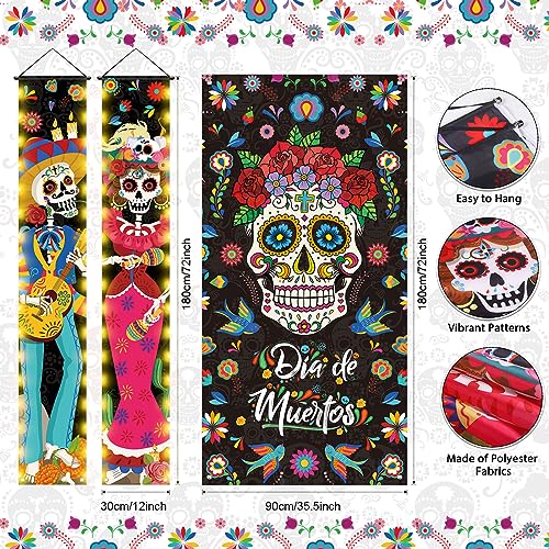 3-Pack Day of The Dead Porch Signs with LED Lights - Mexican Sugar Skull Door Decorations for Halloween & Fiesta