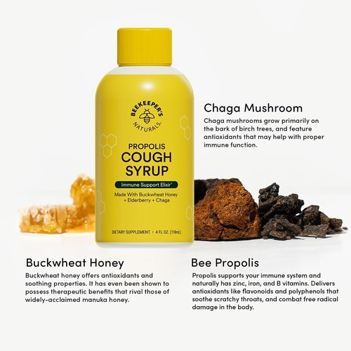 Beekeeper's Naturals Propolis Honey Cough Syrup - Daytime Immune Support & Throat Soothing, 4 oz