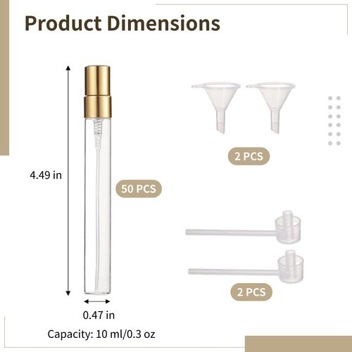 50 Pcs 10 ml Perfume Bottles - Refillable Glass Mini Spray Bottles, Portable Travel Sample Containers, Fine Mist Atomizers with Caps, Includes 2 Funnels and 2 Dispensers, Ideal for Liquids, Gold