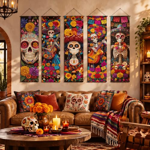 Day of the Dead Banner Set - 5 Pcs Dia De Los Muertos Halloween Decor with Sugar Skull Art & Papel Picado - Variation of 5 / Day of the Dead