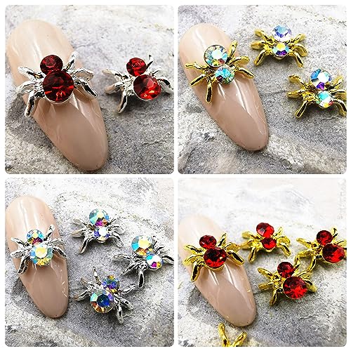 Halloween Spider Nail Charms Set - 50pcs 3D Gold & Silver Spider Rhinestones - Variation 01