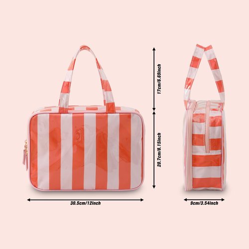 Travel Toiletry Bag for Women, Waterproof Clear Coated Portable Stripe Makeup Cosmetic Bag with Compartment, Travel Organizer for Shampoo, Conditioner, Brushes Set,Cosmetic Accessories(Pink-Orange)