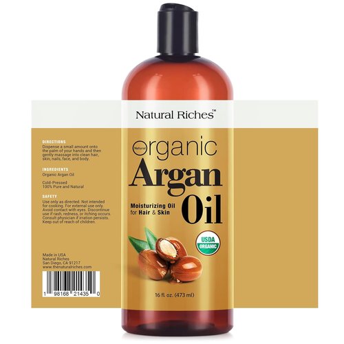 Natural Riches Organic Argan Oil - 16oz Deep Moisturizing Serum for Dry, Damaged Hair | Cold Pressed for Hair, Face & Body
