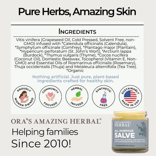 Ora's Amazing Herbal All Purpose Salve, Herbal Healing Skin Balm with Tea Tree, Natural Cream for Dry Cracked Hands, Comfrey Calendula Plantain Thyme Beeswax, Soothing Itch Relief, 4 oz