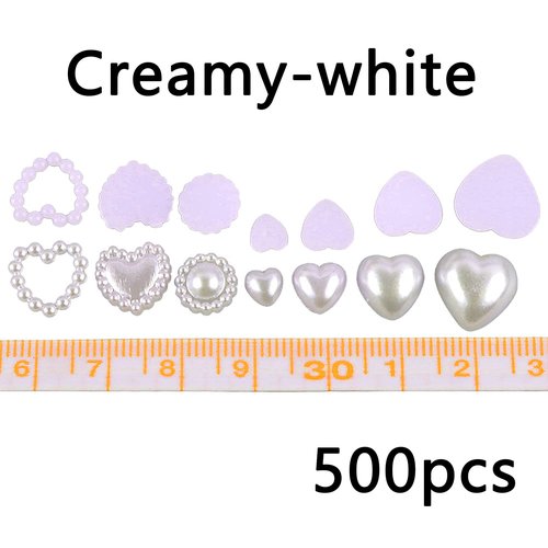 500 Pcs Creamy-white Pearls Heart Nail Charms Mixed Styles Flatback Heart Cute Assorted Pearls Heart Beads 3D Nail Art Charms Embellishments for Nail Art DIY Crafts Accessories
