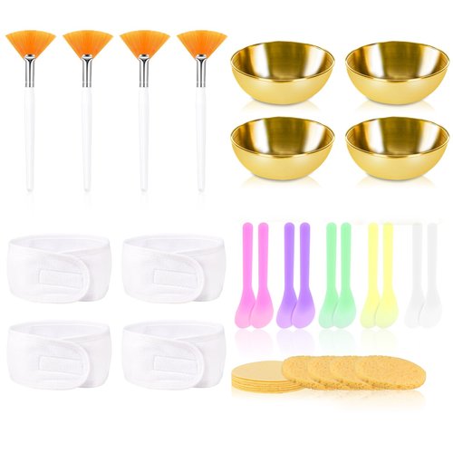 DLUGOPIS 34 Pcs Esthetician Facial Supplies Set: 4 Gold Bowls, 10 Mud Mask Applicators, 4 Cosmetic Brushes, 12 Compressed Sponges, 4 Facial Headbands for Unisex Face Cleansing