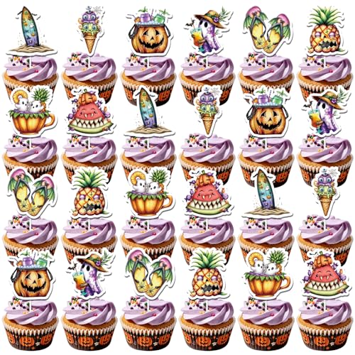 Summer Ween Party Decorations - 24 Pcs Summer Halloween Cupcake Toppers - Variation of THIS listing