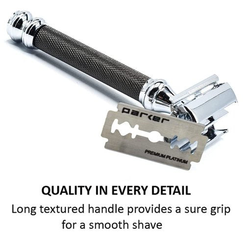 Parker 76R Butterfly Open Safety Razor - Heavyweight Gunmetal Finish with Long Knurled Handle for Precision Shaving