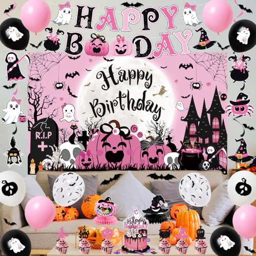 Pink Black Halloween Birthday Decorations Set - Kids Party Supplies with Banners, Balloons & Toppers (Variation: Black Pink)