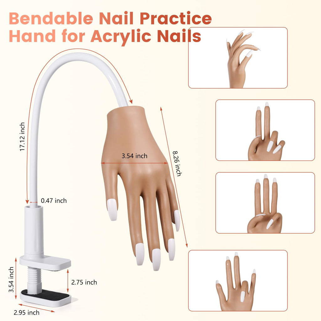 Wilfniee Practice Hand for Acrylic Nails: Nail Tips Won't Fall off Fake Hand for Nail Practice - Flexible Practice Nail Hand With 200PCS Nail Tips for Beginners Salon