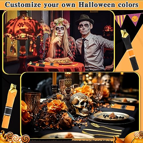 Halloween Silverware Set for 50 Guests - Black & Orange Pre-Rolled Plastic Cutlery with Napkins