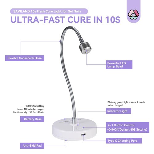 SAVILAND Gooseneck UV Light for Gel Nails: Touch Switch 12W U VNail Lamp 5S Quick Drying LED Flash Cure Lamp Rechargeable Gel Flash Cure Light 3 Timers Setting 360° Adjustable Home Salon Manicure