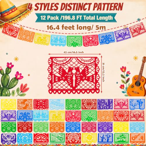 Mexican Party Decorations - Papel Picado Banner Set 131.2 Ft, 8 Designs - Bright & Reusable