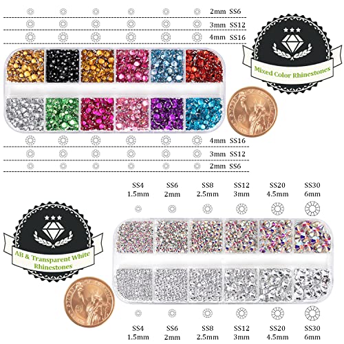 Colorful Rhinestones for Nails - AB & Transparent White Gems with Pickup Tools, 4520 Pcs, Variation 03
