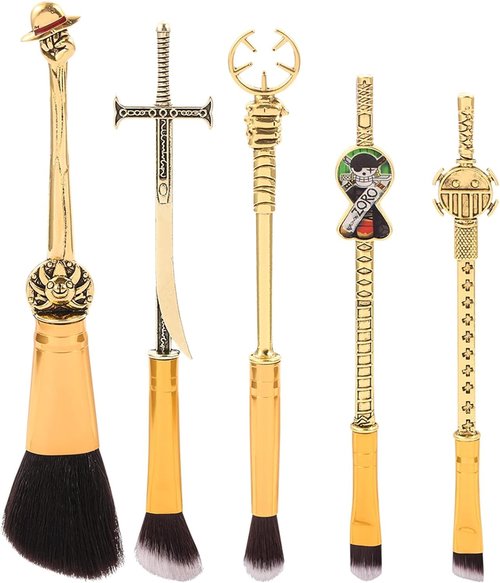 KF Ornament Set Of 5 One Piecess Anime Makeup Brushes - With Metal Handle, Velvet Gift Bag, Anime Peripheral, Birthday, Thanksgiving, Christmas, One Piece Fan Gift (Set)