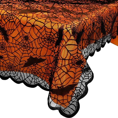 Halloween Table Cloth 2pcs Black Lace Spider Web Cover with Orange Liner - Variation of Black+Orange