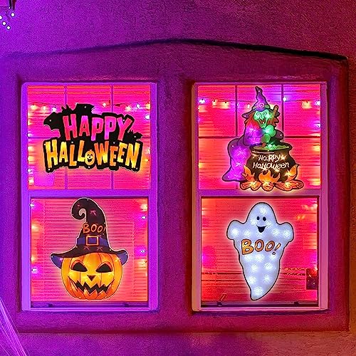 Halloween Lighted Window Silhouette Decorations 4-Pack - Jack-O-Lantern, Boo, Witch, Happy Halloween - Variation of THIS listing