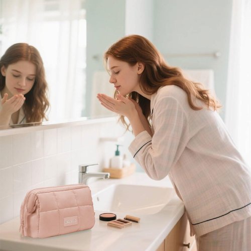 DSDCDJ Puffy Makeup Bag Travel Toiletry Bag, Waterproof Make Up Bag for Women, Lightweight Wide-open Cosmetic Bag with Multiple Compartments, Pouch Travel Essentials Toiletries, Pink