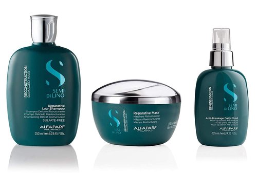 Alfaparf Milano Semi Di Lino Reconstruction Gift Set | Sulfate-Free Shampoo, Mask & Anti-Breakage Spray for Damaged Hair - Intense Repair & Shine