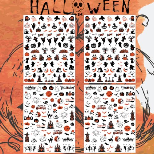 Halloween Nail Stickers Set - 4 Sheets Cute Ghost Pumpkin Bat Decals with Variation Halloween 4 Sheets