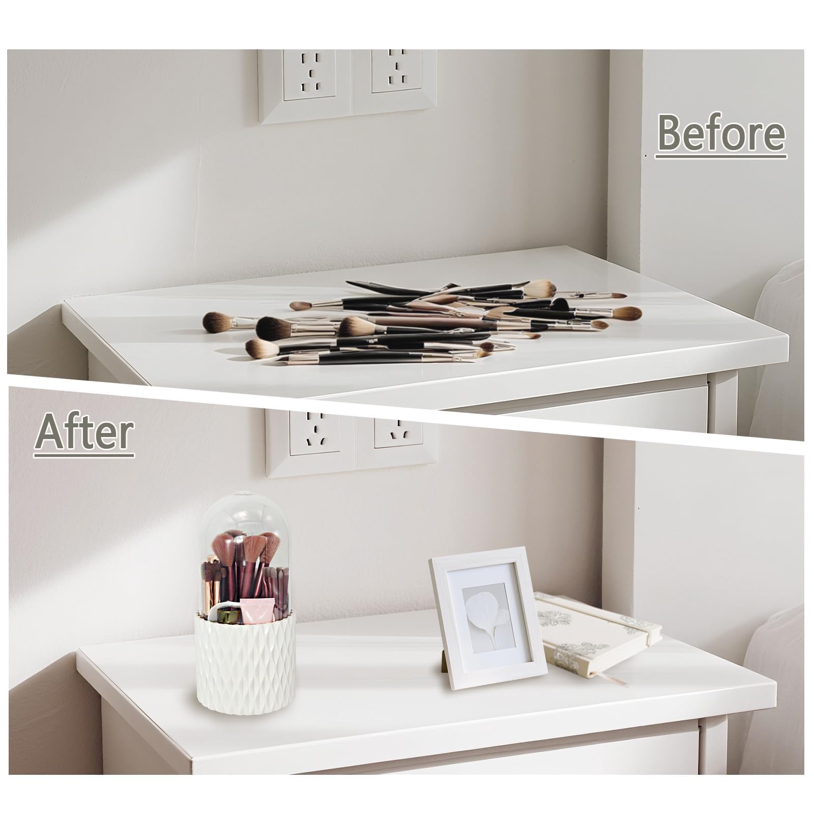 VNIMTI 360°Smooth Rotating Makeup Brush Holder with Dustproof Lid Spinning Vanity Organizer for Beauty Lipstick Perfume,Brushes Storage Container,Countertop,Dressing Table,Bathroom Desk (White)