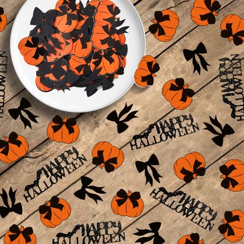 Halloween Confetti - 200Pcs Black Bows Pumpkin & Happy Halloween Decorations