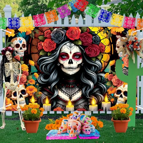 Day of the Dead Banner Decorations Sugar Skull Marigolds Mexican Altars - 71x43 Inch