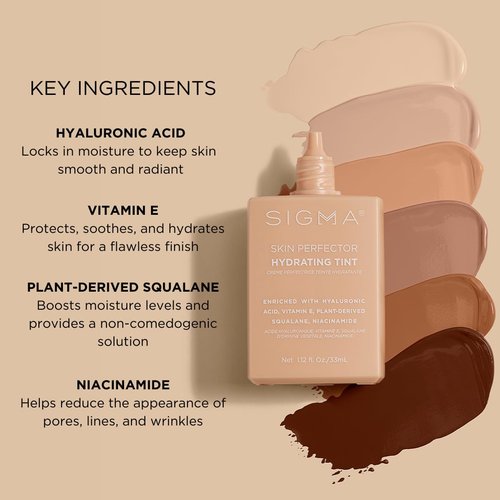 Sigma Beauty Skin Perfector Hydrating Tint - Lightweight Buildable Foundation in Light Beige (2) | Infused with Hyaluronic Acid & Niacinamide