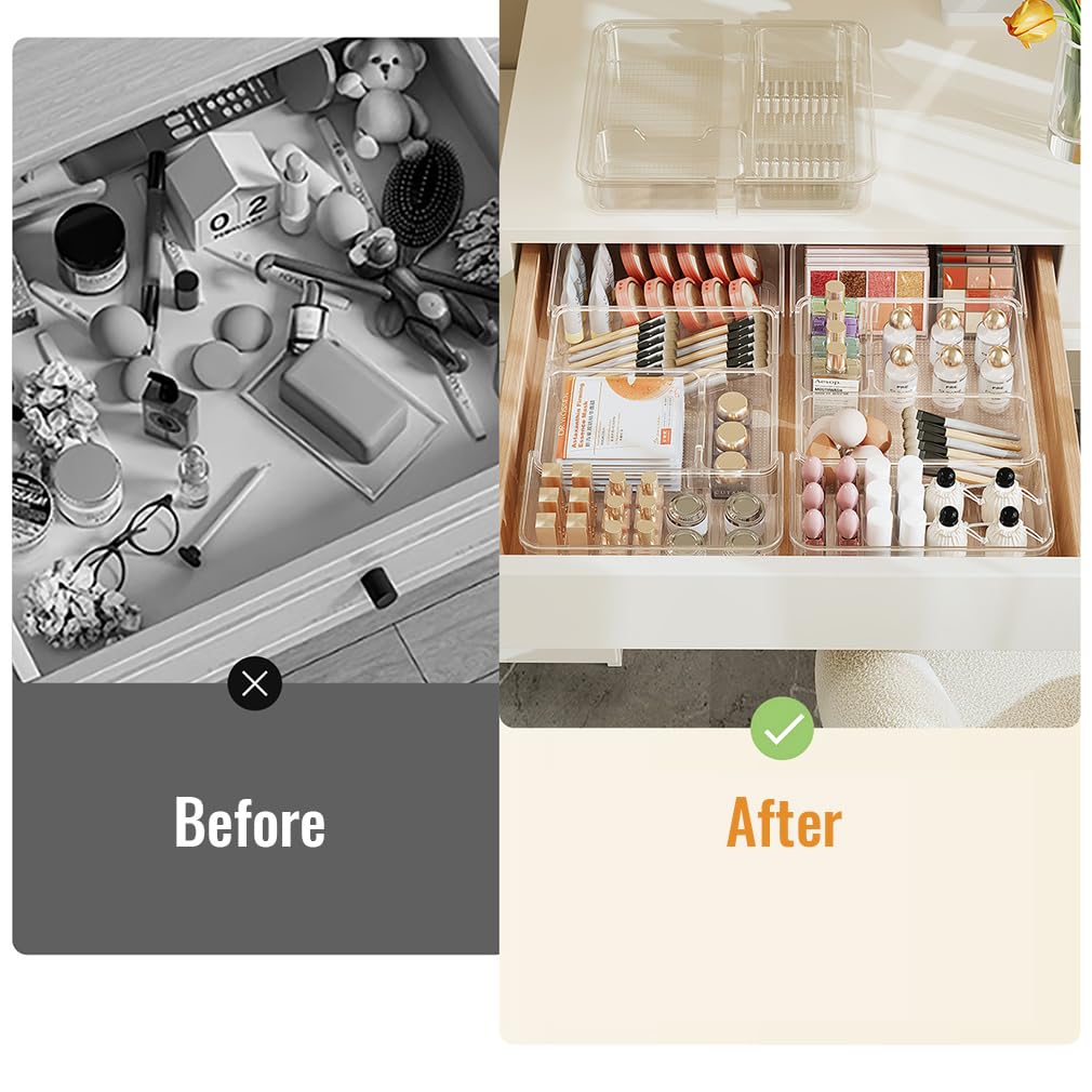 Wi4you Expandable Drawer Organizer Tray from 11” to 19.1”, Adjustable Silverware in Drawer Holder, Clear Plastic Drawer Storage with Sliding Dividers for Utensil, Cosmetics, Toiletries, Offices