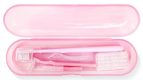 CHAOMI Orthodontic Care Travel Kit | V-Shape Toothbrush with Soft Bristles, Interdental Brushes, Orthodontic Wax, and Breathable Case | Portable Dental Kit for Braces and Aligners(PINK)
