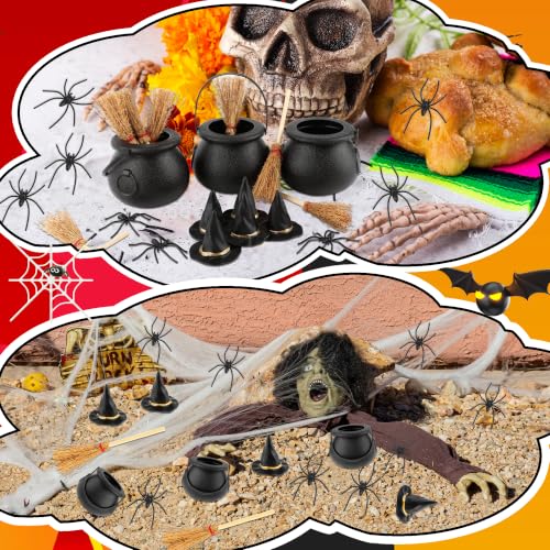 Halloween Mini Witch Cauldron Set with Brooms, Hats, Spiders for Decorations