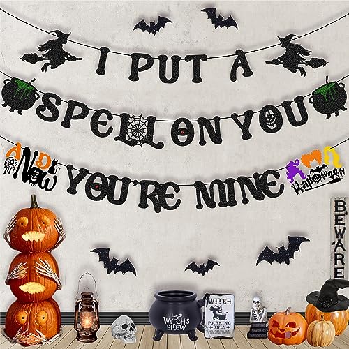 Halloween Banner Decor - I Put A Spell On You & Now You Are Mine Garland, Witch & Bat Halloween Decorations