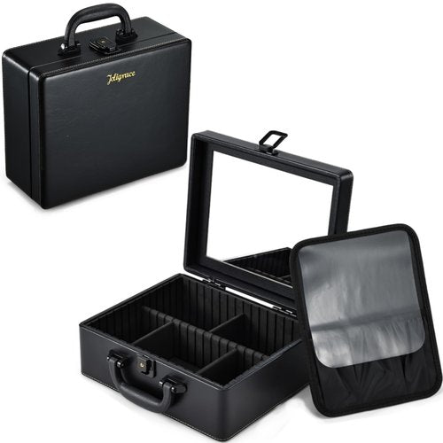 Joligrace Travel Makeup Case with Mirror, Makeup Organizer Case, PU Leather Makeup Train Case Portable Vanity Case Make up Box Countertop Storage Bag for Women,with Adjustable Dividers & Brush Holder