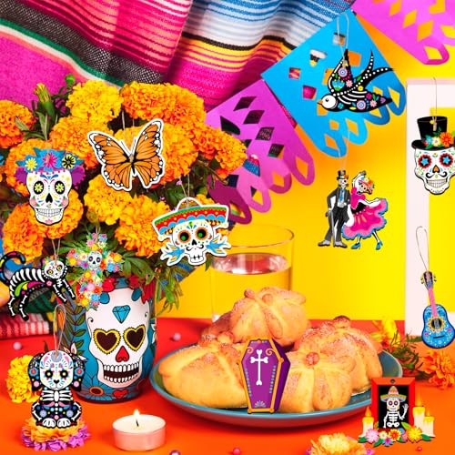 Day of the Dead Wooden Ornaments Set - Sugar Skull, Marigold & Cactus Decor, 36 Pieces