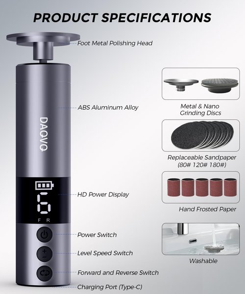 DAQVQ Electric Foot Callus Remover, 2-in-1 Cordless Pedicure Tools for Feet and Nail File with 80PCS Sandpaper Discs(3 Sizes), Aluminum Body with Adjustable Speed for Dead Skin, Cracked Heels & Home