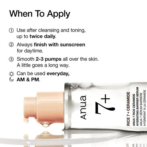 Anua Rice Ceramide 7 Hydrating Barrier Serum, Moisturizing Face Serum, Non-comodogenic, Hyaluronic Acid, Niacinamide, Lightweight, Fragrance Free, Sensitive Dry Skin, Korean Skincare 1.69fl oz