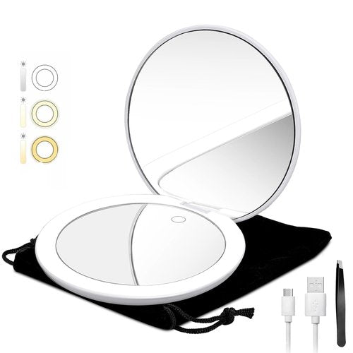 LED Lighted Compact Travel Makeup Mirror, 5 Inch Double-Sided 1X/10X Magnification, USB Rechargeable 1000mAh Battery, Touch Screen, 56 High-CRI LEDs, 3-Color Dimmable Light, Tweezers & Travel Bag