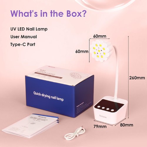 Delanie Cordless UV Nail Lamp, Mini LED UV Light for Gel Nail Polish, Rechargeable LED Nail Light Nail Dryer with 4 Timers & Auto Sensor, Fast Curing Gooseneck Lamp for Home DIY Manicure