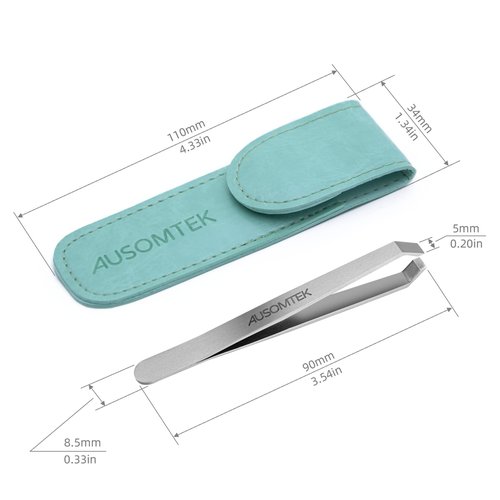 AUSOMTEK Beard Tweezers, White Hair Plucking, Fine Hair Removal, Eyebrows Shaping Tool, 5mm Tip, Stainless Steel, Cyan PU Case 1Pack