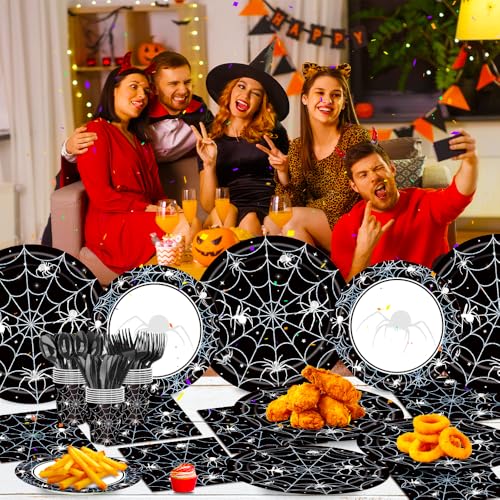 Halloween Party Supplies Set for 20 Guests | Spider Web Plates, Napkins, Cups & Utensils