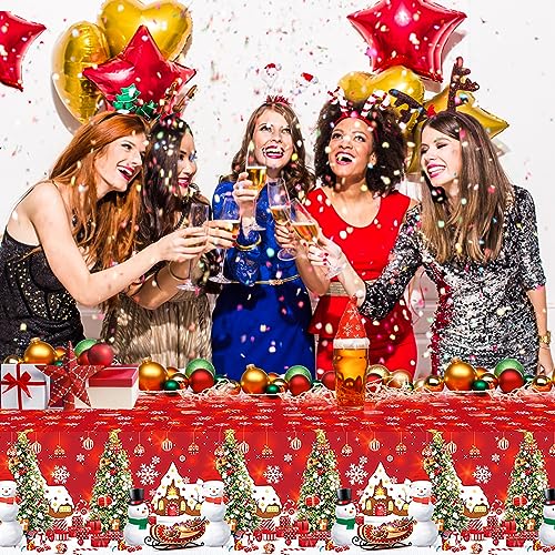 Christmas Tablecloths Set - Snowflake, Snowman, Tree Designs, 87x51 Inch Disposable Plastic, 3 Pack