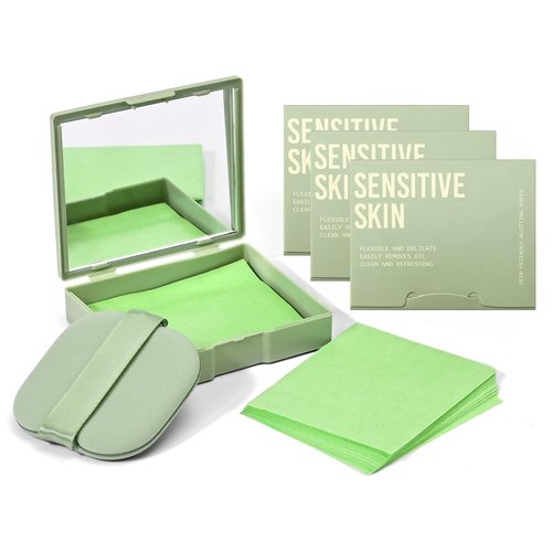 KYDA 400 Sheets Face Oil Blotting Paper, Included Refills, Mirror and Puff, Oil Absorbing Sheets for Matte Makeup, Controls Shine, Absorb Excess Oil, Travel Size Gentle Face Makeup, Green Tea