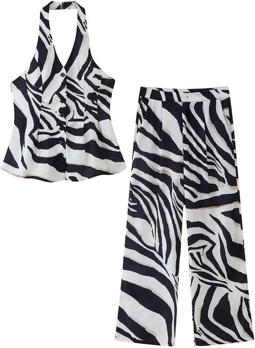 Skiennix 2-Piece Women's Zebra Print Outfit - Halter Top & Wide Leg Pants for Summer Vacation